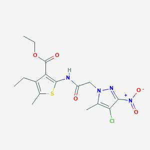 molecular formula C16H19ClN4O5S B333233 ETHYL 2-{[2-(4-CHLORO-5-METHYL-3-NITRO-1H-PYRAZOL-1-YL)ACETYL]AMINO}-4-ETHYL-5-METHYL-3-THIOPHENECARBOXYLATE 