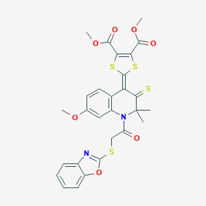 molecular formula C28H24N2O7S4 B333235 DIMETHYL 2-[1-[2-(1,3-BENZOXAZOL-2-YLSULFANYL)ACETYL]-7-METHOXY-2,2-DIMETHYL-3-THIOXO-2,3-DIHYDRO-4(1H)-QUINOLINYLIDEN]-1,3-DITHIOLE-4,5-DICARBOXYLATE 