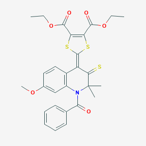 molecular formula C28H27NO6S3 B333251 4,5-DIETHYL 2-(1-BENZOYL-7-METHOXY-2,2-DIMETHYL-3-SULFANYLIDENE-1,2,3,4-TETRAHYDROQUINOLIN-4-YLIDENE)-2H-1,3-DITHIOLE-4,5-DICARBOXYLATE 