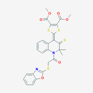 molecular formula C27H22N2O6S4 B333314 DIMETHYL 2-[1-[2-(1,3-BENZOXAZOL-2-YLSULFANYL)ACETYL]-2,2-DIMETHYL-3-THIOXO-2,3-DIHYDRO-4(1H)-QUINOLINYLIDEN]-1,3-DITHIOLE-4,5-DICARBOXYLATE 