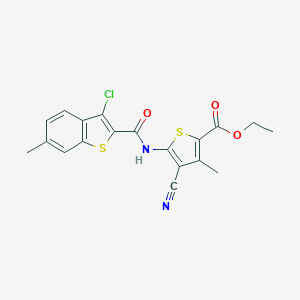 molecular formula C19H15ClN2O3S2 B333625 ETHYL 5-{[(3-CHLORO-6-METHYL-1-BENZOTHIOPHEN-2-YL)CARBONYL]AMINO}-4-CYANO-3-METHYL-2-THIOPHENECARBOXYLATE 