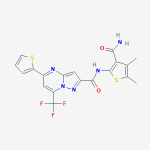 molecular formula C19H14F3N5O2S2 B333632 N-[3-(aminocarbonyl)-4,5-dimethyl-2-thienyl]-5-(2-thienyl)-7-(trifluoromethyl)pyrazolo[1,5-a]pyrimidine-2-carboxamide 