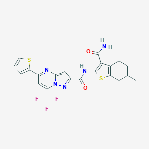 molecular formula C22H18F3N5O2S2 B333715 N-[3-(aminocarbonyl)-6-methyl-4,5,6,7-tetrahydro-1-benzothien-2-yl]-5-(2-thienyl)-7-(trifluoromethyl)pyrazolo[1,5-a]pyrimidine-2-carboxamide 