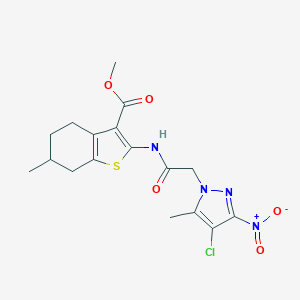 molecular formula C17H19ClN4O5S B333748 METHYL 2-{[2-(4-CHLORO-5-METHYL-3-NITRO-1H-PYRAZOL-1-YL)ACETYL]AMINO}-6-METHYL-4,5,6,7-TETRAHYDRO-1-BENZOTHIOPHENE-3-CARBOXYLATE 