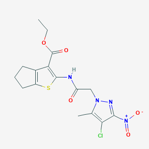 molecular formula C16H17ClN4O5S B333807 ETHYL 2-{[2-(4-CHLORO-5-METHYL-3-NITRO-1H-PYRAZOL-1-YL)ACETYL]AMINO}-5,6-DIHYDRO-4H-CYCLOPENTA[B]THIOPHENE-3-CARBOXYLATE 