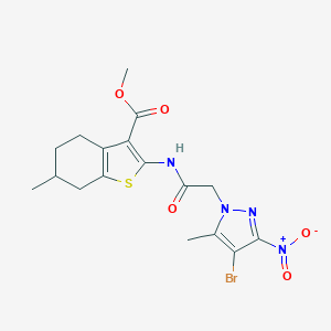 molecular formula C17H19BrN4O5S B333808 METHYL 2-[2-(4-BROMO-5-METHYL-3-NITRO-1H-PYRAZOL-1-YL)ACETAMIDO]-6-METHYL-4,5,6,7-TETRAHYDRO-1-BENZOTHIOPHENE-3-CARBOXYLATE 