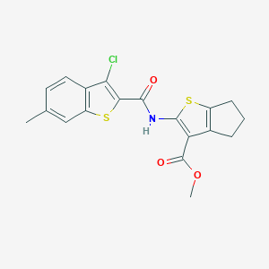 molecular formula C19H16ClNO3S2 B333872 methyl 2-{[(3-chloro-6-methyl-1-benzothiophen-2-yl)carbonyl]amino}-5,6-dihydro-4H-cyclopenta[b]thiophene-3-carboxylate 