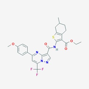 molecular formula C27H25F3N4O4S B333909 ETHYL 2-[5-(4-METHOXYPHENYL)-7-(TRIFLUOROMETHYL)PYRAZOLO[1,5-A]PYRIMIDINE-3-AMIDO]-6-METHYL-4,5,6,7-TETRAHYDRO-1-BENZOTHIOPHENE-3-CARBOXYLATE 