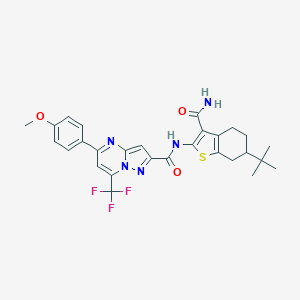 molecular formula C28H28F3N5O3S B333919 N-[3-(AMINOCARBONYL)-6-(TERT-BUTYL)-4,5,6,7-TETRAHYDRO-1-BENZOTHIOPHEN-2-YL]-5-(4-METHOXYPHENYL)-7-(TRIFLUOROMETHYL)PYRAZOLO[1,5-A]PYRIMIDINE-2-CARBOXAMIDE 