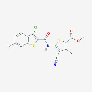 molecular formula C18H13ClN2O3S2 B334643 METHYL 5-{[(3-CHLORO-6-METHYL-1-BENZOTHIOPHEN-2-YL)CARBONYL]AMINO}-4-CYANO-3-METHYL-2-THIOPHENECARBOXYLATE 