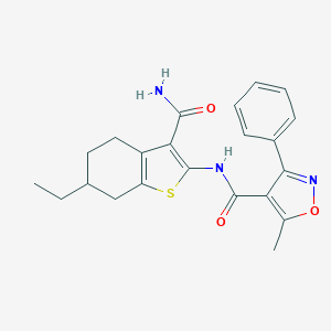 molecular formula C22H23N3O3S B334678 N-(3-carbamoyl-6-ethyl-4,5,6,7-tetrahydro-1-benzothiophen-2-yl)-5-methyl-3-phenyl-1,2-oxazole-4-carboxamide 