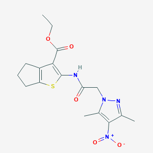 molecular formula C17H20N4O5S B334962 ETHYL 2-{[2-(3,5-DIMETHYL-4-NITRO-1H-PYRAZOL-1-YL)ACETYL]AMINO}-5,6-DIHYDRO-4H-CYCLOPENTA[B]THIOPHENE-3-CARBOXYLATE 