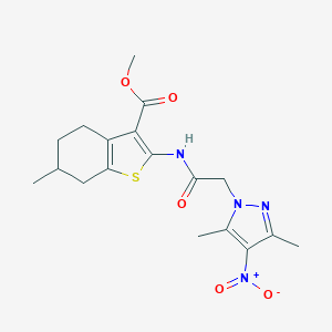 molecular formula C18H22N4O5S B334993 METHYL 2-{[2-(3,5-DIMETHYL-4-NITRO-1H-PYRAZOL-1-YL)ACETYL]AMINO}-6-METHYL-4,5,6,7-TETRAHYDRO-1-BENZOTHIOPHENE-3-CARBOXYLATE 
