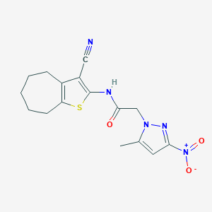 molecular formula C16H17N5O3S B335418 N-{3-CYANO-4H,5H,6H,7H,8H-CYCLOHEPTA[B]THIOPHEN-2-YL}-2-(5-METHYL-3-NITRO-1H-PYRAZOL-1-YL)ACETAMIDE 