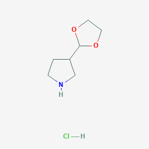 molecular formula C7H14ClNO2 B3380199 3-(1,3-Dioxolan-2-yl)pyrrolidine hydrochloride CAS No. 1841081-60-4