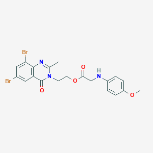 molecular formula C20H19Br2N3O4 B033917 Glycine, N-(4-methoxyphenyl)-, 2-(6,8-dibromo-2-methyl-4-oxo-3(4H)-quinazolinyl)ethyl ester CAS No. 110009-16-0