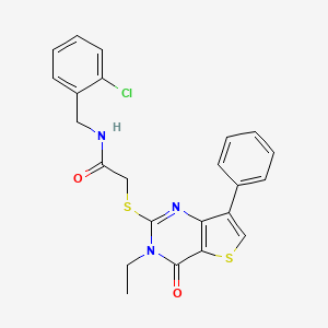 molecular formula C23H20ClN3O2S2 B3399307 N-[(2-chlorophenyl)methyl]-2-({3-ethyl-4-oxo-7-phenyl-3H,4H-thieno[3,2-d]pyrimidin-2-yl}sulfanyl)acetamide CAS No. 1040635-73-1