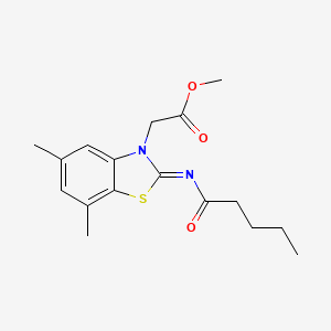 molecular formula C17H22N2O3S B3405230 Methyl 2-(5,7-dimethyl-2-pentanoylimino-1,3-benzothiazol-3-yl)acetate CAS No. 1321787-93-2