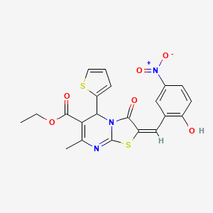 molecular formula C21H17N3O6S2 B3406618 ethyl (2E)-2-[(2-hydroxy-5-nitrophenyl)methylidene]-7-methyl-3-oxo-5-(thiophen-2-yl)-2H,3H,5H-[1,3]thiazolo[3,2-a]pyrimidine-6-carboxylate CAS No. 354787-46-5
