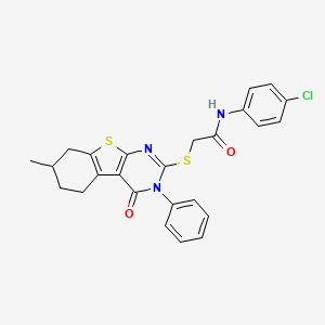 molecular formula C25H22ClN3O2S2 B3407095 N-(4-chlorophenyl)-2-({11-methyl-3-oxo-4-phenyl-8-thia-4,6-diazatricyclo[7.4.0.0^{2,7}]trideca-1(9),2(7),5-trien-5-yl}sulfanyl)acetamide CAS No. 496026-31-4