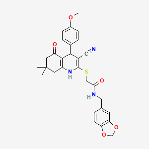 molecular formula C29H29N3O5S B3408721 N-[(2H-1,3-benzodioxol-5-yl)methyl]-2-{[3-cyano-4-(4-methoxyphenyl)-7,7-dimethyl-5-oxo-1,4,5,6,7,8-hexahydroquinolin-2-yl]sulfanyl}acetamide CAS No. 884215-05-8