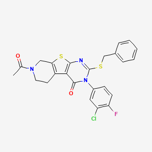 molecular formula C24H19ClFN3O2S2 B3409227 11-acetyl-5-benzylsulfanyl-4-(3-chloro-4-fluorophenyl)-8-thia-4,6,11-triazatricyclo[7.4.0.02,7]trideca-1(9),2(7),5-trien-3-one CAS No. 892281-51-5