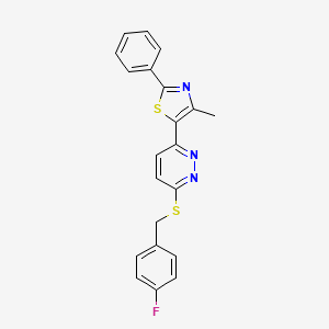 molecular formula C21H16FN3S2 B3409266 3-{[(4-FLUOROPHENYL)METHYL]SULFANYL}-6-(4-METHYL-2-PHENYL-1,3-THIAZOL-5-YL)PYRIDAZINE CAS No. 892415-38-2