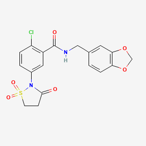 molecular formula C18H15ClN2O6S B3411472 N-(1,3-benzodioxol-5-ylmethyl)-2-chloro-5-(1,1-dioxido-3-oxo-1,2-thiazolidin-2-yl)benzamide CAS No. 919702-29-7