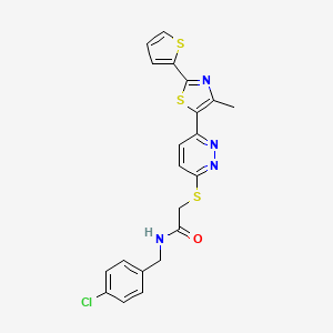 molecular formula C21H17ClN4OS3 B3411635 N-[(4-chlorophenyl)methyl]-2-({6-[4-methyl-2-(thiophen-2-yl)-1,3-thiazol-5-yl]pyridazin-3-yl}sulfanyl)acetamide CAS No. 920441-50-5