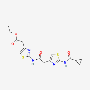 molecular formula C16H18N4O4S2 B3411940 ethyl 2-{2-[2-(2-cyclopropaneamido-1,3-thiazol-4-yl)acetamido]-1,3-thiazol-4-yl}acetate CAS No. 921845-28-5