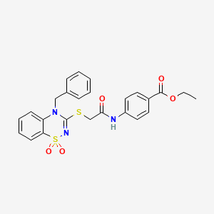 molecular formula C25H23N3O5S2 B3412389 ethyl 4-{2-[(4-benzyl-1,1-dioxo-4H-1lambda6,2,4-benzothiadiazin-3-yl)sulfanyl]acetamido}benzoate CAS No. 932969-36-3