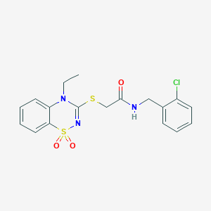 molecular formula C18H18ClN3O3S2 B3412407 N-[(2-chlorophenyl)methyl]-2-[(4-ethyl-1,1-dioxo-4H-1lambda6,2,4-benzothiadiazin-3-yl)sulfanyl]acetamide CAS No. 932969-75-0