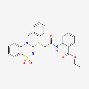 molecular formula C25H23N3O5S2 B3412584 ethyl 2-(2-((4-benzyl-1,1-dioxido-4H-benzo[e][1,2,4]thiadiazin-3-yl)thio)acetamido)benzoate CAS No. 933026-52-9