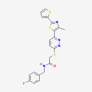 molecular formula C21H17FN4OS3 B3413504 N-[(4-fluorophenyl)methyl]-2-({6-[4-methyl-2-(thiophen-2-yl)-1,3-thiazol-5-yl]pyridazin-3-yl}sulfanyl)acetamide CAS No. 946237-32-7