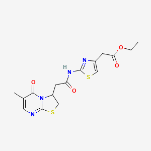 molecular formula C16H18N4O4S2 B3413718 ethyl 2-[2-(2-{6-methyl-5-oxo-2H,3H,5H-[1,3]thiazolo[3,2-a]pyrimidin-3-yl}acetamido)-1,3-thiazol-4-yl]acetate CAS No. 946264-48-8