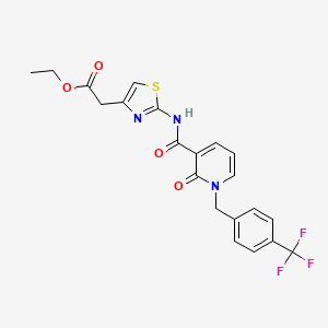 molecular formula C21H18F3N3O4S B3414837 ethyl 2-[2-(2-oxo-1-{[4-(trifluoromethyl)phenyl]methyl}-1,2-dihydropyridine-3-amido)-1,3-thiazol-4-yl]acetate CAS No. 946379-62-0