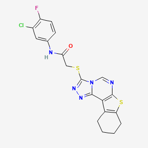 molecular formula C19H15ClFN5OS2 B3414931 N-(3-chloro-4-fluorophenyl)-2-{10-thia-3,4,6,8-tetraazatetracyclo[7.7.0.0^{2,6}.0^{11,16}]hexadeca-1(9),2,4,7,11(16)-pentaen-5-ylsulfanyl}acetamide CAS No. 950273-50-4