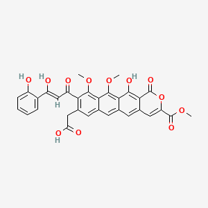 molecular formula C32H24O12 B3424902 12-Hydroxy-9-[3-hydroxy-3-(2-hydroxyphenyl)-1-oxo-2-propen-1-yl]-10,11-dimethoxy-3-(methoxycarbonyl)-1-oxo-1H-anthra[2,3-c]pyran-8-acetic acid CAS No. 37577-75-6