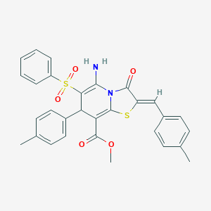 molecular formula C30H26N2O5S2 B343246 methyl 5-amino-2-(4-methylbenzylidene)-7-(4-methylphenyl)-3-oxo-6-(phenylsulfonyl)-2,3-dihydro-7H-[1,3]thiazolo[3,2-a]pyridine-8-carboxylate 