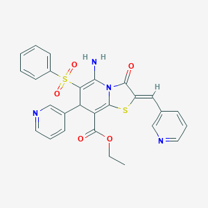 molecular formula C27H22N4O5S2 B343267 ETHYL (2Z)-5-AMINO-6-(BENZENESULFONYL)-3-OXO-7-(PYRIDIN-3-YL)-2-[(PYRIDIN-3-YL)METHYLIDENE]-2H,3H,7H-[1,3]THIAZOLO[3,2-A]PYRIDINE-8-CARBOXYLATE 