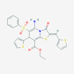 molecular formula C25H20N2O5S4 B343598 ETHYL (2Z)-5-AMINO-6-(BENZENESULFONYL)-3-OXO-7-(THIOPHEN-2-YL)-2-[(THIOPHEN-2-YL)METHYLIDENE]-2H,3H,7H-[1,3]THIAZOLO[3,2-A]PYRIDINE-8-CARBOXYLATE 