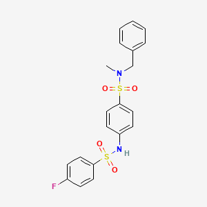 molecular formula C20H19FN2O4S2 B3437529 N-BENZYL-4-(4-FLUOROBENZENESULFONAMIDO)-N-METHYLBENZENE-1-SULFONAMIDE 