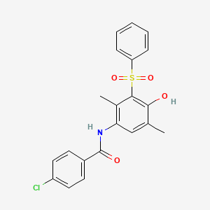 molecular formula C21H18ClNO4S B3439549 N-[3-(benzenesulfonyl)-4-hydroxy-2,5-dimethylphenyl]-4-chlorobenzamide 