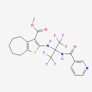 molecular formula C20H19F6N3O3S B3440151 METHYL 2-({1,1,1,3,3,3-HEXAFLUORO-2-[(PYRIDIN-3-YL)FORMAMIDO]PROPAN-2-YL}AMINO)-4H,5H,6H,7H,8H-CYCLOHEPTA[B]THIOPHENE-3-CARBOXYLATE 