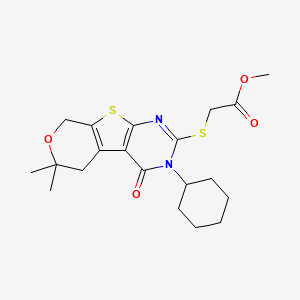 molecular formula C20H26N2O4S2 B3441232 methyl 2-[(4-cyclohexyl-12,12-dimethyl-3-oxo-11-oxa-8-thia-4,6-diazatricyclo[7.4.0.02,7]trideca-1(9),2(7),5-trien-5-yl)sulfanyl]acetate 