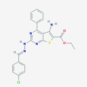 molecular formula C22H18ClN5O2S B344204 Ethyl 5-amino-2-[2-(4-chlorobenzylidene)hydrazino]-4-phenylthieno[2,3-d]pyrimidine-6-carboxylate 