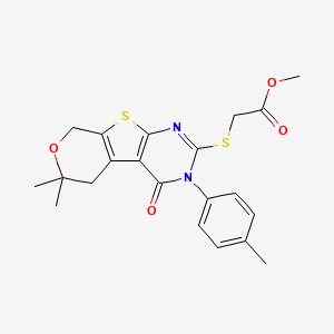 molecular formula C21H22N2O4S2 B3442132 methyl 2-[[12,12-dimethyl-4-(4-methylphenyl)-3-oxo-11-oxa-8-thia-4,6-diazatricyclo[7.4.0.02,7]trideca-1(9),2(7),5-trien-5-yl]sulfanyl]acetate 