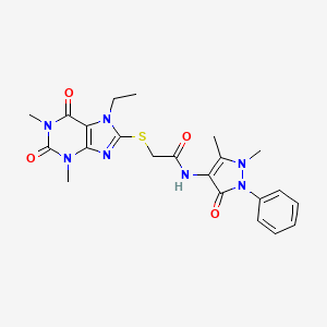 molecular formula C22H25N7O4S B3443428 N-(1,5-dimethyl-3-oxo-2-phenyl-2,3-dihydro-1H-pyrazol-4-yl)-2-[(7-ethyl-1,3-dimethyl-2,6-dioxo-2,3,6,7-tetrahydro-1H-purin-8-yl)sulfanyl]acetamide 