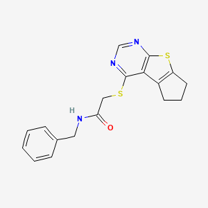 molecular formula C18H17N3OS2 B3443795 N-benzyl-2-{7-thia-9,11-diazatricyclo[6.4.0.0^{2,6}]dodeca-1(12),2(6),8,10-tetraen-12-ylsulfanyl}acetamide 