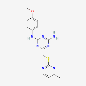 molecular formula C16H17N7OS B3449831 N-(4-methoxyphenyl)-6-{[(4-methyl-2-pyrimidinyl)thio]methyl}-1,3,5-triazine-2,4-diamine 